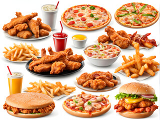 Fototapeta premium All Fast Food collection set, isolated on white background. Fried chicken, fries, pizza, sandwich, chicken nuggets, eggs and bacon, shawarma, prawns. Junk food of Fast Food set. Closeup of fast foods