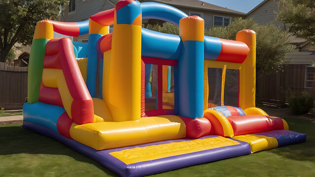 A Colorful Inflatable bounce house in the backyard for kids playground, inflatable bounce house,

