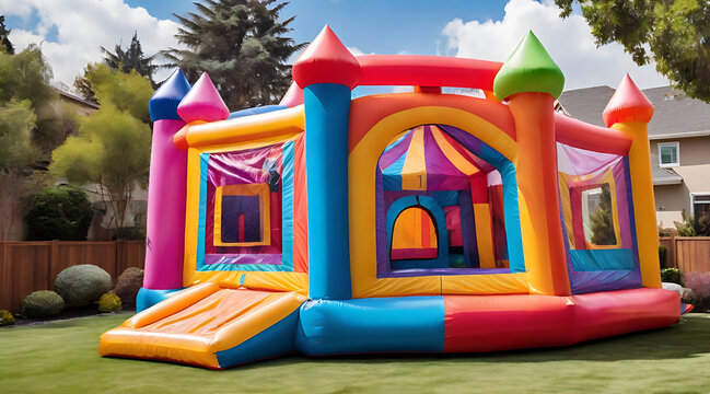 A Colorful Inflatable bounce house in the backyard for kids playground, inflatable bounce house,

