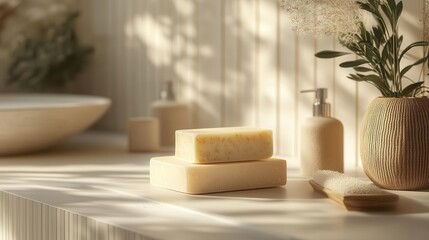 Serene bathroom scene featuring natural soap on a countertop with soft lighting and minimal decor for a relaxing ambiance.