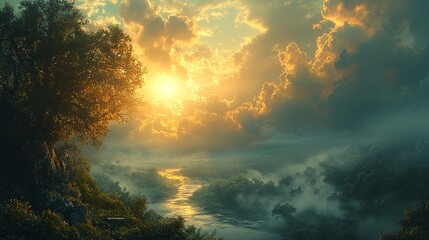 Serene Sunrise Over Misty River Landscape