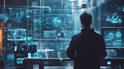 Futuristic Digital Dashboard with Data Analytics Visuals in the Workspace