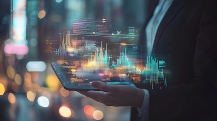 Futuristic Digital Data Visualization with Glitch Effect on Handheld Device