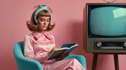 1970s futuristic retro concept, beautiful young woman reading book in armchair, generative ai