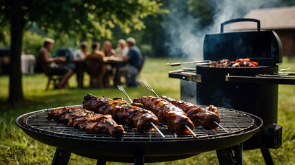 Outdoor barbecue grill meat at picnic, generative ai