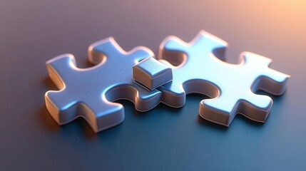 Obraz premium Two metallic puzzle pieces symbolizing connection, solution, and teamwork on a blurred background. Ideal for business concepts.