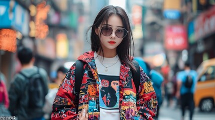 Obraz premium A young woman in Shanghai dressed in chic streetwear, blending modern global fashion trends with traditional Chinese influences