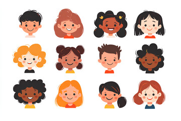 Bundle of smiling faces of boys and girls with different hairstyles, skin colors and ethnicities. Colorful flat vector illustration isolated on white background