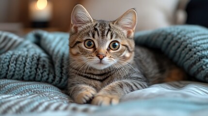 Cute tabby cat on bed looking at camera