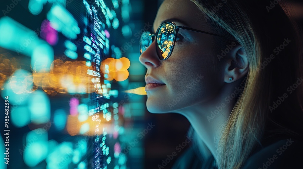 Canvas Prints A woman is looking at a computer screen with a lot of numbers and letters