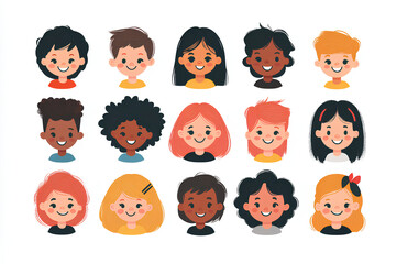 Bundle of smiling faces of boys and girls with different hairstyles, skin colors and ethnicities. Colorful flat vector illustration isolated on white background