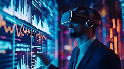 Business Executive Analyzing Data in Immersive Virtual Reality Environment