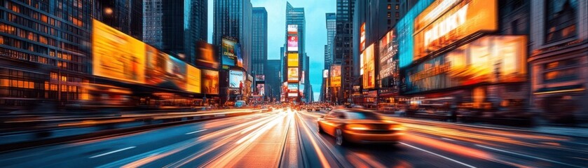 Obraz premium Capture a sleek, modern cityscape with a bustling street, towering skyscrapers, and vibrant billboards Include a futuristic car zooming by