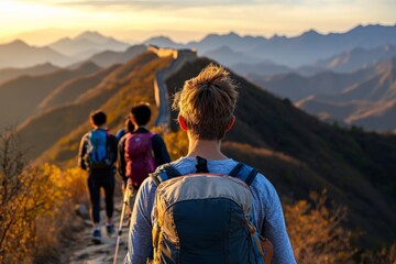 Obraz premium Adventurers hiking the Great Wall of China, with panoramic views of the surrounding mountains and the ancient structure snaking across the landscape