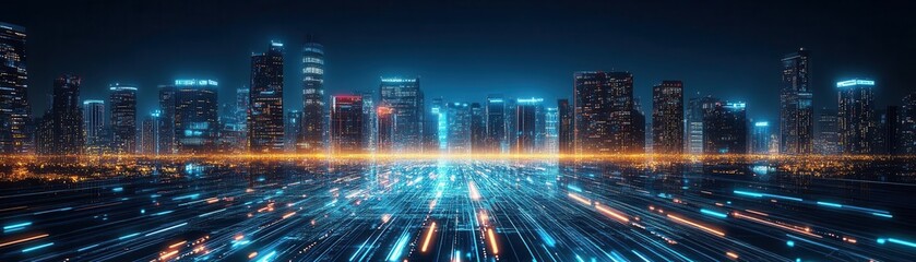 Illustrate a frontal perspective of a vibrant cityscape at night