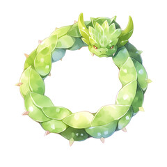 Fototapeta premium A green, leafy dragon curled into a circle, its horns and sharp spines visible.