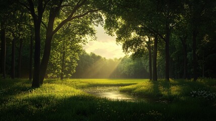 Naklejka premium A serene forest scene illuminated by golden sunlight, showcasing lush greenery and a tranquil stream for a peaceful atmosphere.