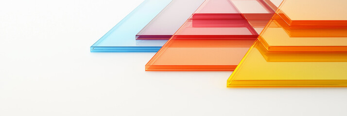 Stack of colorful glass panels on white background.
