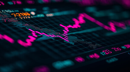 Close-up of downward-trending line graph on digital screen, symbolizing drop in earnings, financial decline visualized with charts and numbers.	