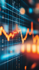 Close-up of downward-trending line graph on digital screen, symbolizing drop in earnings, financial decline visualized with charts and numbers.	