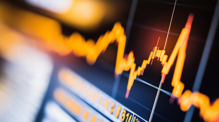 Close-up of downward-trending line graph on digital screen, symbolizing drop in earnings, financial decline visualized with charts and numbers.	