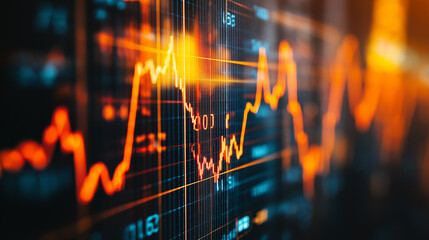 Close-up of downward-trending line graph on digital screen, symbolizing drop in earnings, financial decline visualized with charts and numbers.	