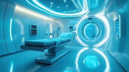 Futuristic empty medical room with an mri scanner and a hospital bed