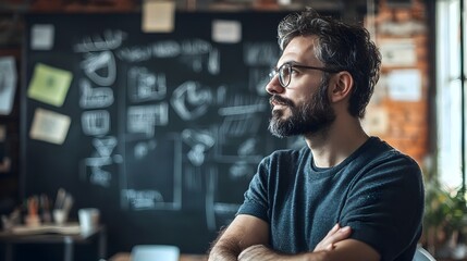 Entrepreneur Brainstorming in Creative Office with Chalkboard Wall
