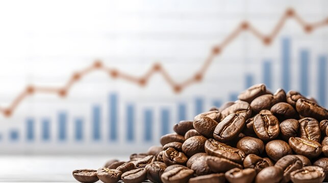 A close-up of coffee beans with a background graph suggesting growth, symbolizing the coffee industry's market trends. - Powered by Adobe