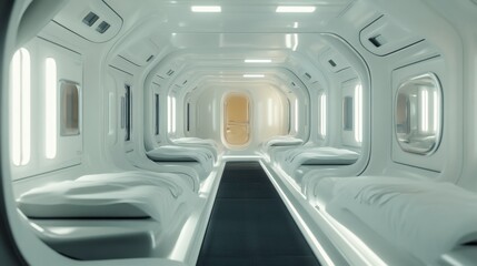 Futuristic interior spaceship corridor is leading to a bright room with beds lining each side