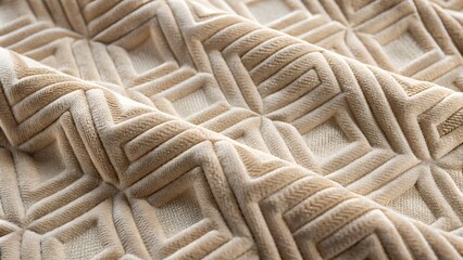 Textured velour geometric pattern fabric, plush surface, warm beige tones, elegant design