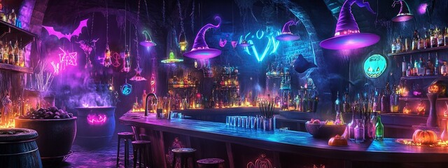 A bar with neon lights and a witch hat on the ceiling