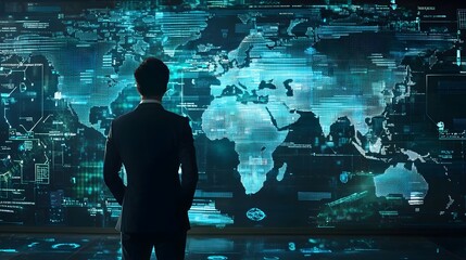 CEO overseeing global business strategies from a digital command center with world data projections