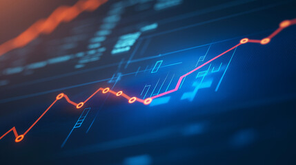 Close-up of downward-trending line graph on digital screen, symbolizing drop in earnings, financial decline visualized with charts and numbers.	