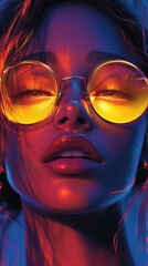 Woman wearing sunglasses posing under colorful lights