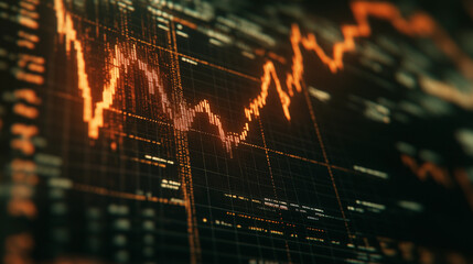 Close-up of downward-trending line graph on digital screen, symbolizing drop in earnings, financial decline visualized with charts and numbers.	