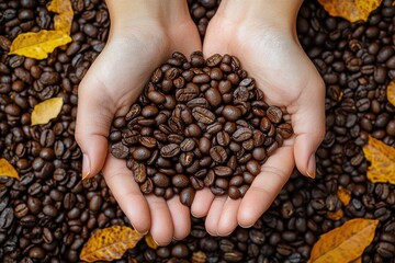 Farmer holding freshly roasted coffee beans in hands