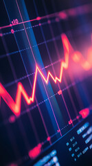 Close-up of downward-trending line graph on digital screen, symbolizing drop in earnings, financial decline visualized with charts and numbers.	