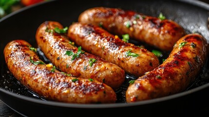 Fototapeta premium Delicious sausages frying in pan with herbs and hot oil