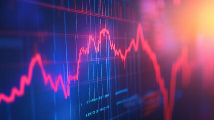 Close-up of downward-trending line graph on digital screen, symbolizing drop in earnings, financial decline visualized with charts and numbers.	