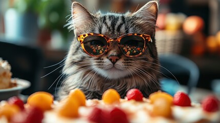 Cool Cat Wearing Sunglasses Looks at Cake