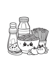 Illustration Coloring draw kawai food spageti mi and sauce black and white version good for kids