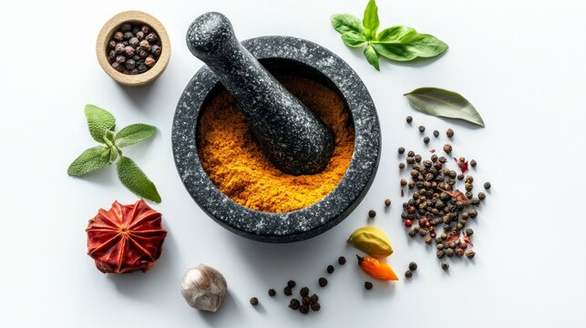 Mortar, pestle and spices by white background for variety, ingredients and sensory appeal for creativity. Studio, powder and seasoning for cooking with curry, condiment and herbs flavor for culinary