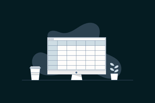 vector image of a computer with a screen displaying a spreadsheet program, minimal illustration
