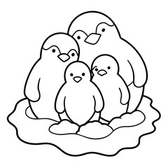 
Penguin Family Huddling on Ice Floe Line Art Vector