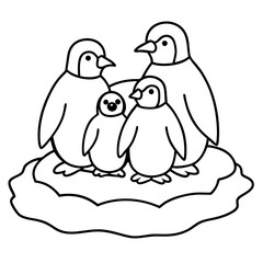 
Penguin Family Huddling on Ice Floe Line Art Vector