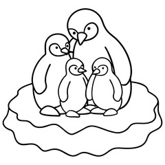 
Penguin Family Huddling on Ice Floe Line Art Vector
