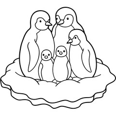 
Penguin Family Huddling on Ice Floe Line Art Vector