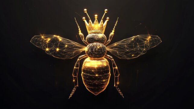 Queen bee concept: glowing gold honeybee with crown on black background. Polygonal design.