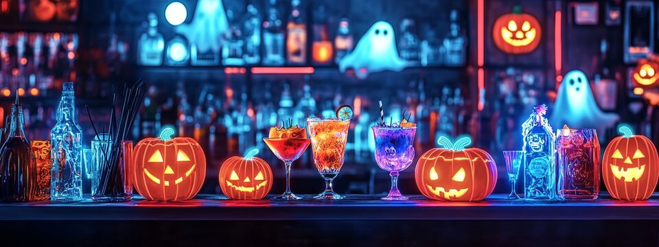 A bar with Halloween decorations and drinks